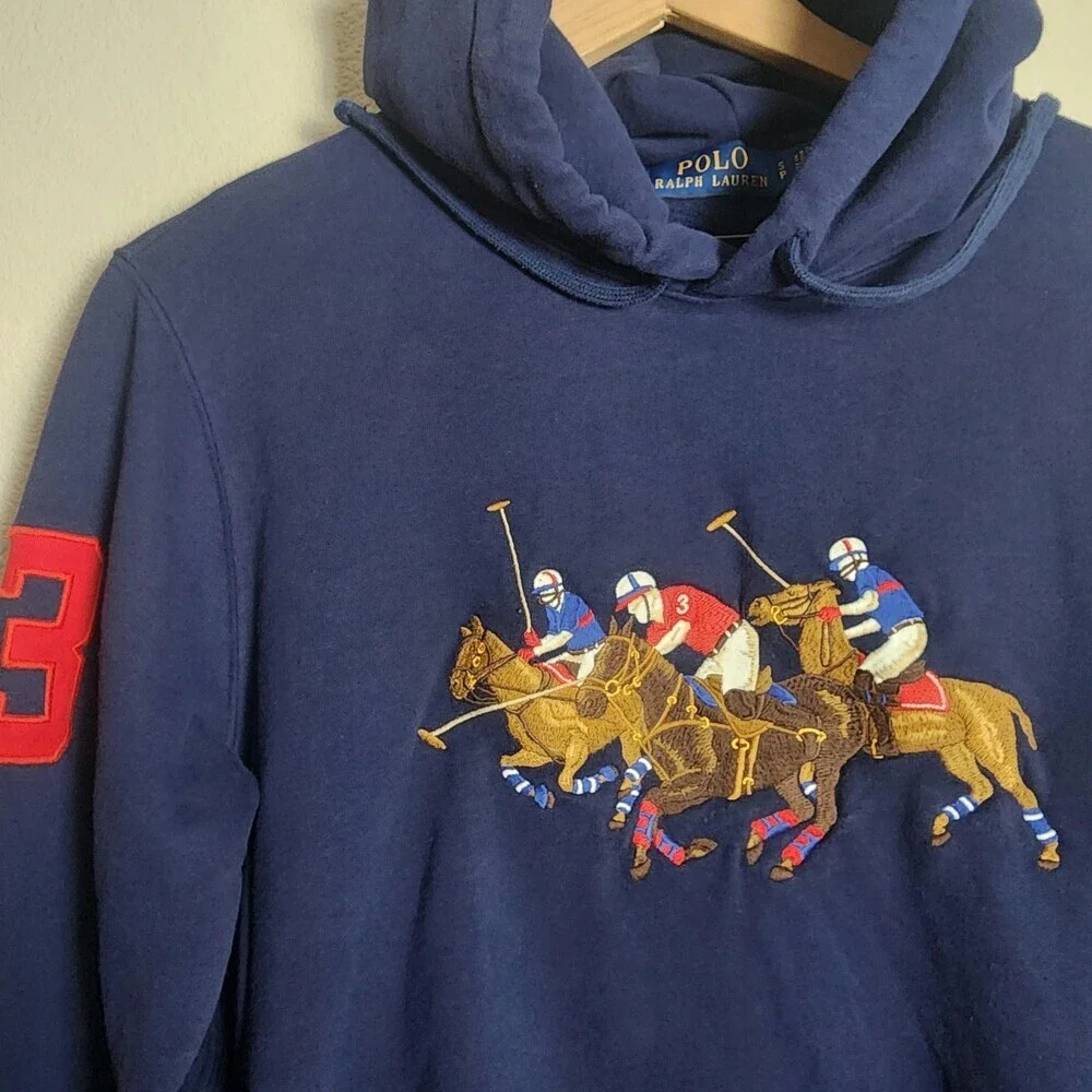 Polo Ralph Lauren Hoodie Mens Small Blue Pullover Polo Players Graphic 3 Sleeve
